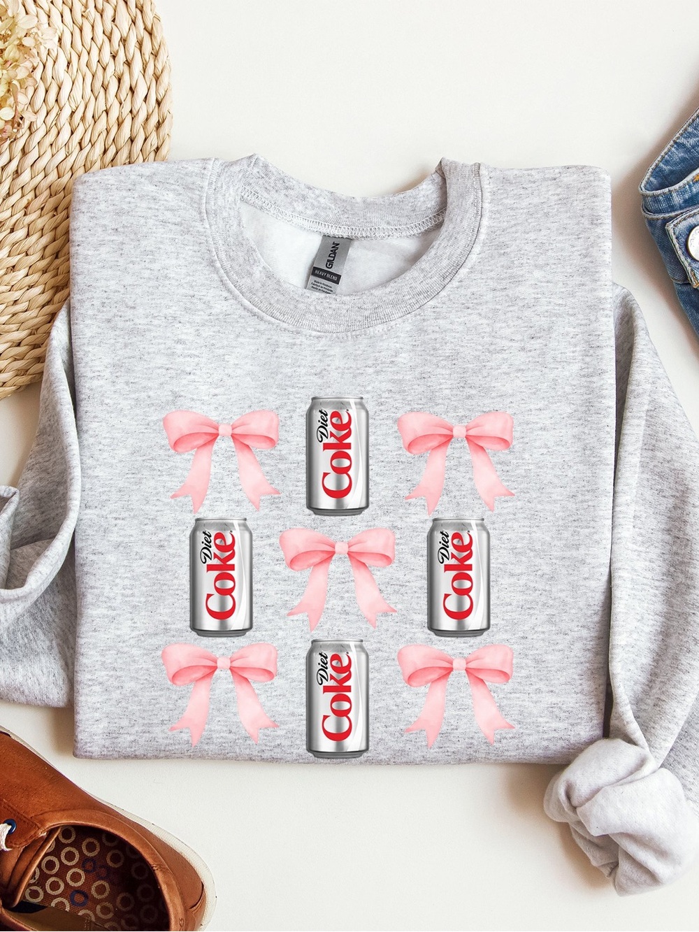 Beige Diet Coke Sweatshirt with Pink Bow & Soda Can Design